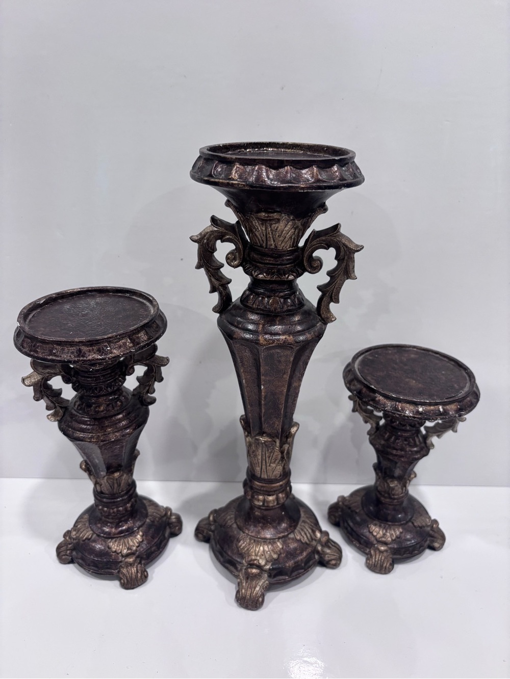 Set of 3 Ornate Bronze Finish Pillar Candle Holders – Baroque Style